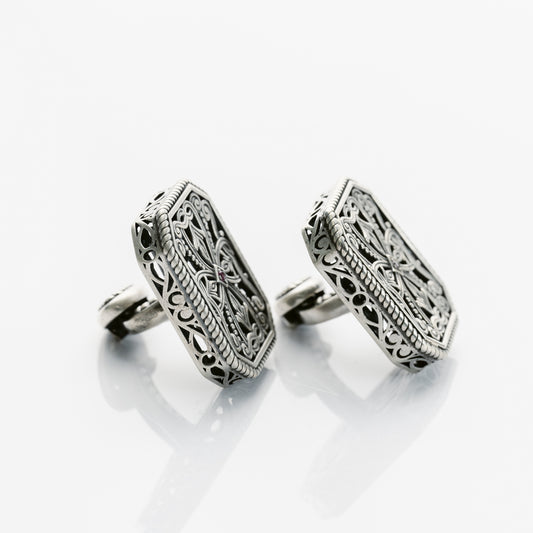 Filigree Center Stone Rectangle Cuff Links
