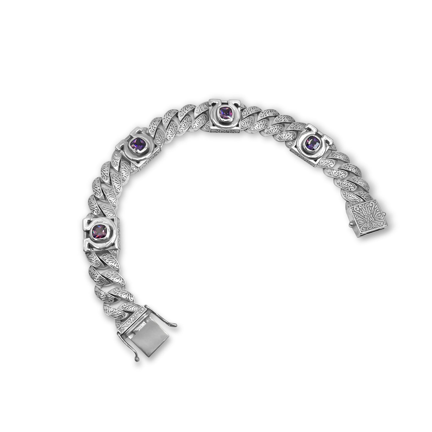Purple Essence Collection – Engraved Link Bracelet with Amethyst in Nickel-Free .925 Silver