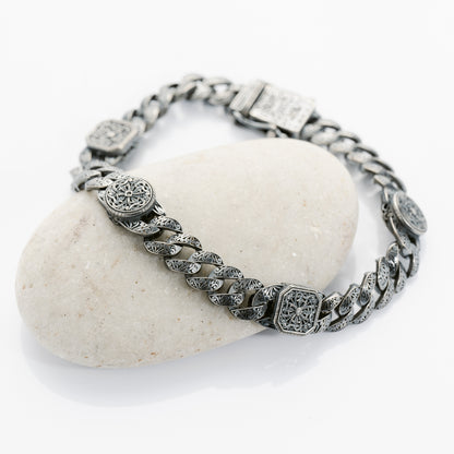 Filigree Link Center Stone Round/Square Alternating Medallion Bracelet (Small)