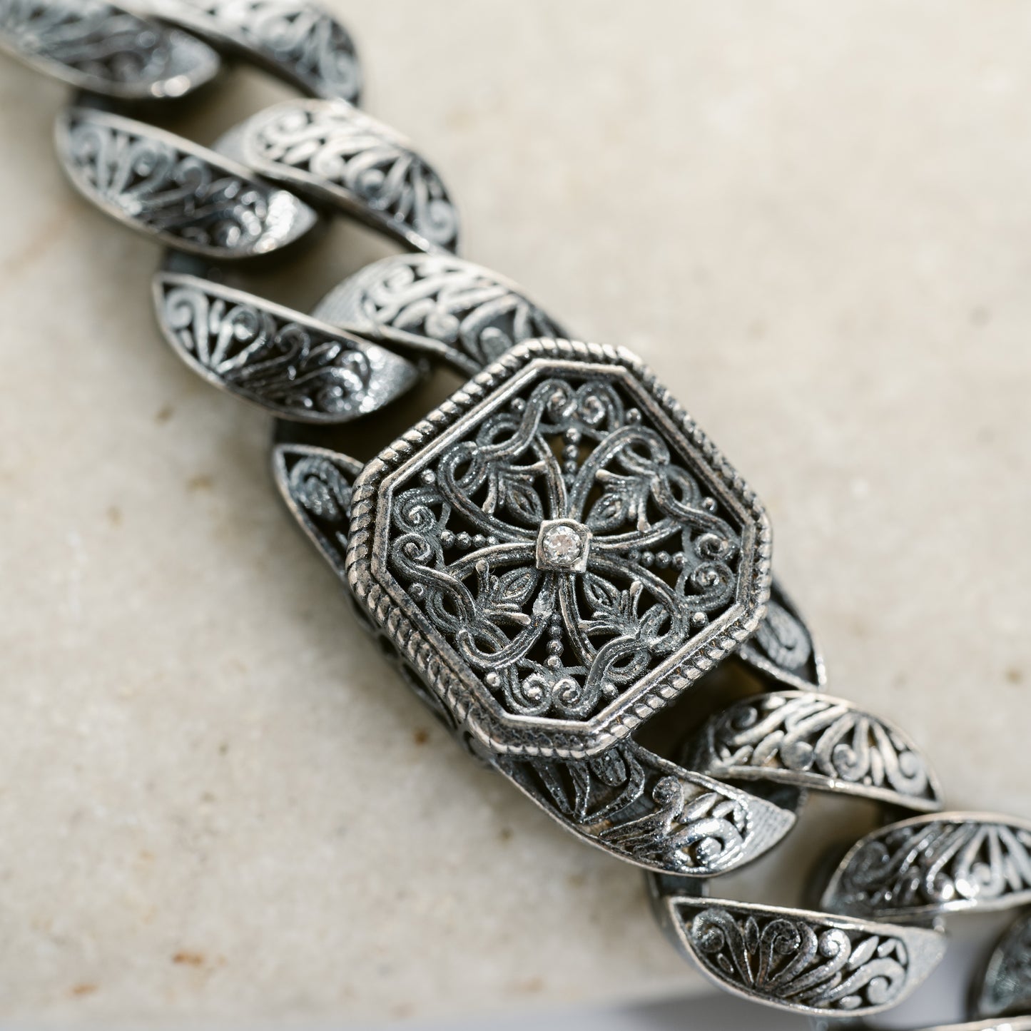 Filigree Center Stone Round/Square Alternating Bracelet (SM)