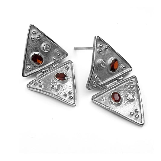 Garnet, Diamonds and Silver Earrings